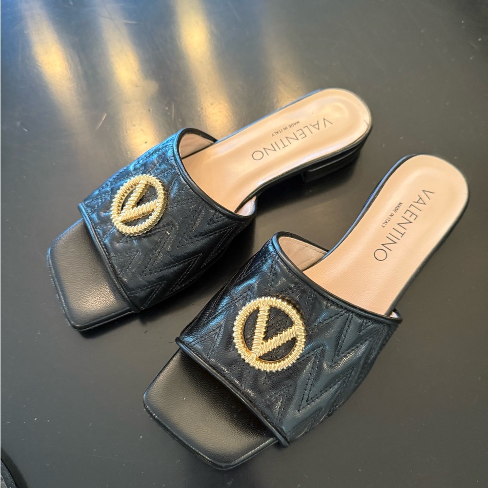 Valentino Black Mules (aphrodites) with Gold Hardware includ box